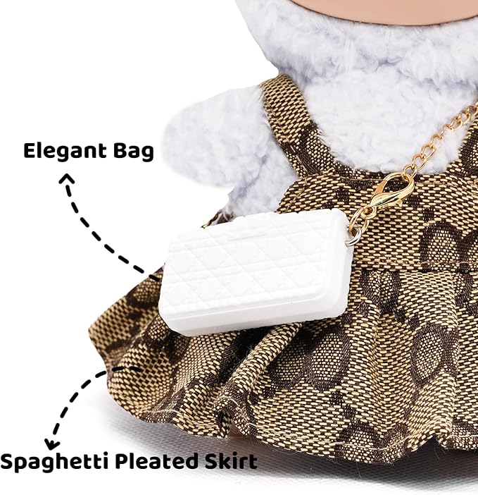 Doll Clothes Compatible with Labubu 17cm, Premium Dolls Accessories 3 Piece Set Including Chic Grid Spaghetti-Strap Dress & Bag and Bow, High-End Fashion Outfit for Play & Display - Brown