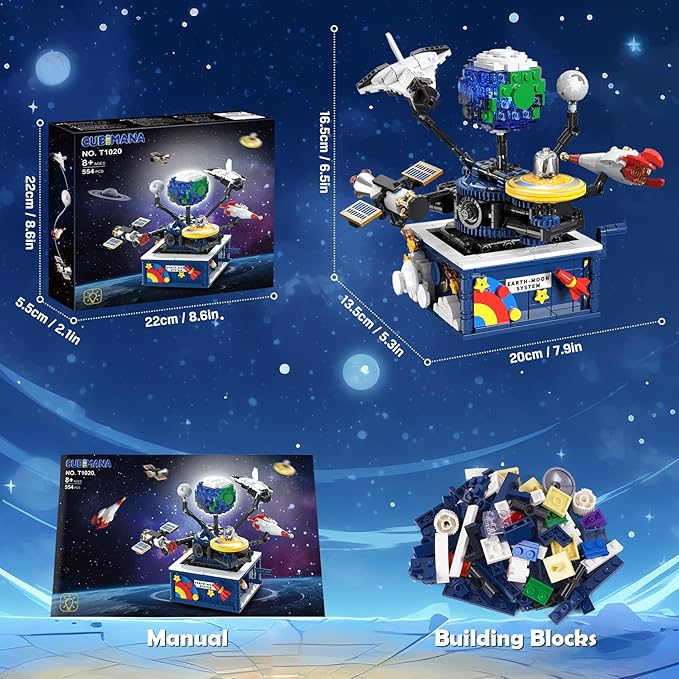 Planet Rotatable Space Sets with Light - Earth & Moon Space Exploration Building Toys with Shuttle Spaceship Science Kits Building Blocks Gifts for Kids Age 8+ Years Old Boys Girls(554 PCS)