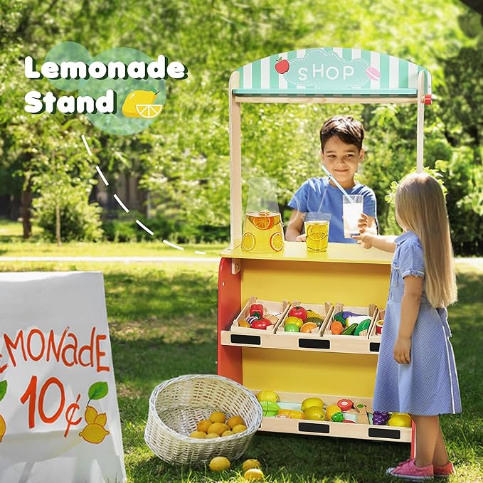 Wooden Puppet Theater Bonus 2 Hand Puppet, Double-Sided Lemonade Stand & Puppet Show Theater for Kids, Wood Deluxe Children Puppet Theatre Toy with Chalkboard