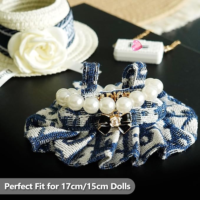 17cm Doll Clothes Set with Fashion Accessories - Premium Luxury Baby Doll Outfits & Designer Clothes Bundle, Unique Fashion Style Dresses with Hat & Pearl Necklace & Bag Accessories(Blue)