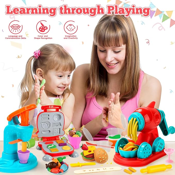3 in 1 Dough Sets 59 PCS for Kids Ages 4-8, Dough Tools Kit with Ice Cream Noodle Hamburger Maker Machine, Kitchen Creations Art Crafts Food Play Toys for Boys Girls Kids Toddlers Ages 3+