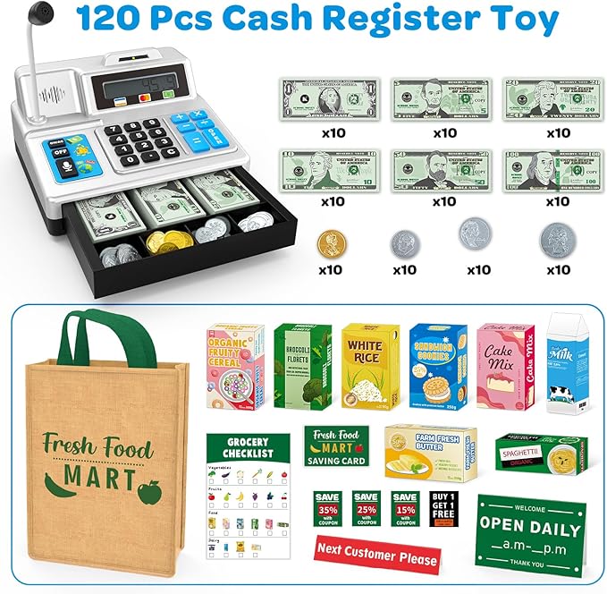 Calculator Cash Register Toy Gift for Kids Age 3, 4, 5, 6, 7, 8+ Year Old, 120 Pcs Grocery Store Playset with Toy Cash, Grocery Boxes， Microphone, Play Cash Register for Toddlers 4-8, Silvery