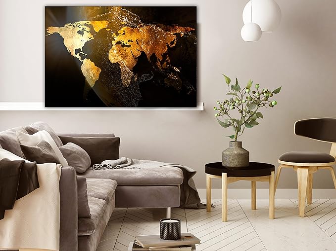 artgeist Textured Canvas Wall Art World map 35x24 in - 1pcs Painting Canvas Prints Picture Artwork Image Framed Contemporary Modern Wall Home Map Continent Sun Abstract k-C-10000-b-a