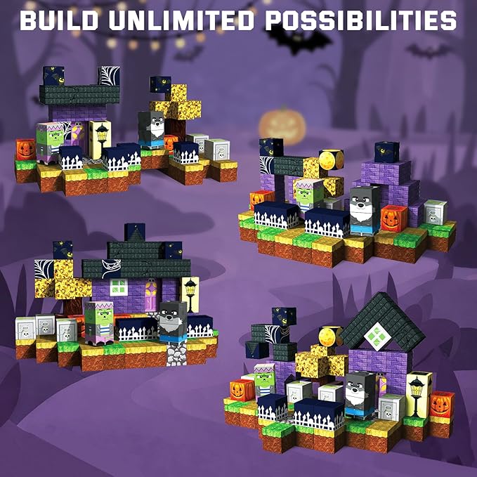 Halloween Magnetic Blocks 100 Pieces for Kids, Magnetic Tiles 3D Sensory Construction Building Dog Pumpkin, Magnet Cubes Stacking Toys Games for Toddlers Boys Girls Ages 3+