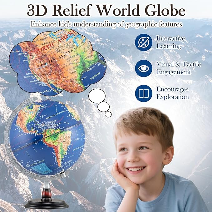 COSTWAY 12” Illuminated World Globe, Geography Educational Globe with Built-in LED Night Light, Wooden Stand, Clear Map for Kids & Adults Learning, Desktop Globes for Students, Decoration (Navy)