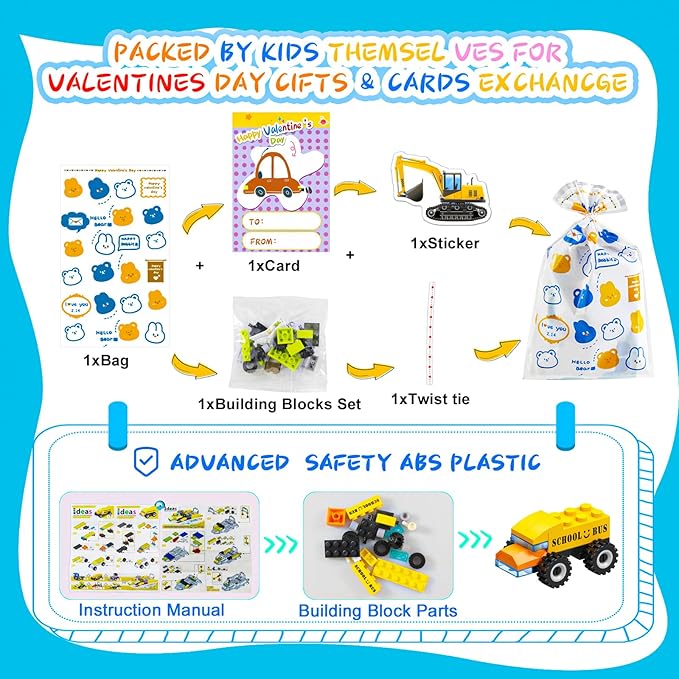 24PCS Valentines Day Gifts for Kids, Building Blocks with Valentines Cards for Kids Classroom, Valentines Gifts School Exchange Party Favors for Kids Boys Girls