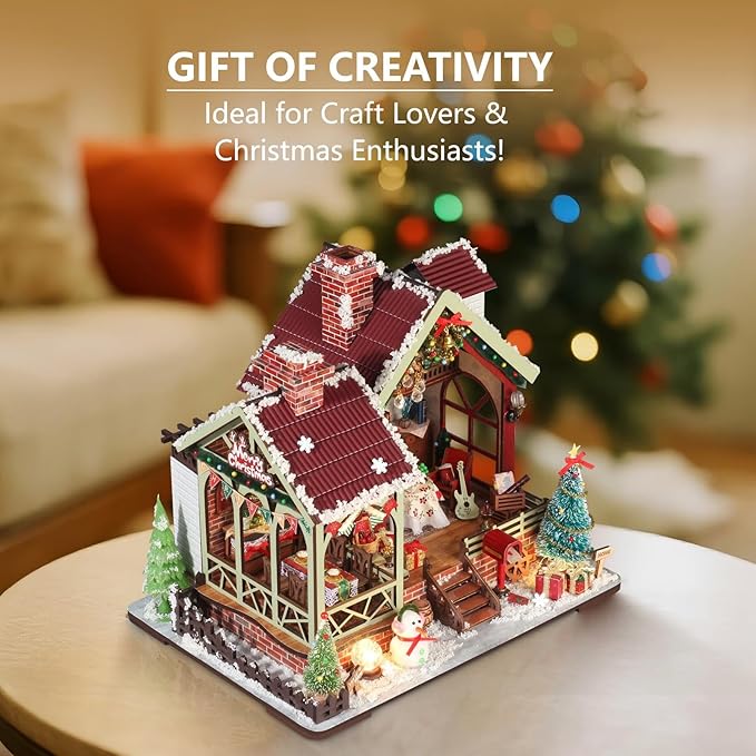 OZJAY Miniature House Kit, Mini House Building Kit with Furniture, DIY Miniature Kit for Adults Teen, Dollhouse Kit for Birthday Christmas, Warm Christmas Lodge