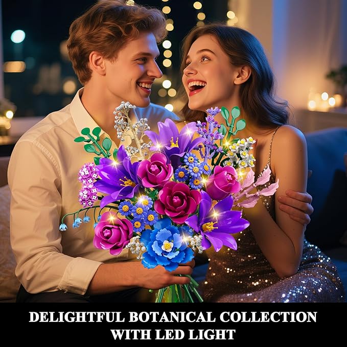 Flowers Bouquet Building Set with LED Light, 21 Flower Botanical Collection Building Block Toy, Rose Lily Plants Home Office Decor 1054PCS, for Her Adults Women Kids Girls 12+ (Purple)