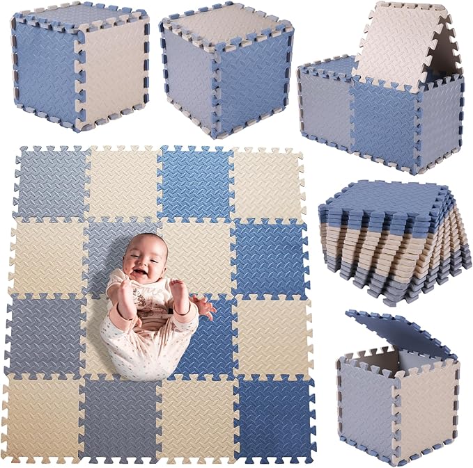Play Mat for Babies, Solid Colored Foam Floor Mat, Non-Toxic Interlocking Puzzle Floor Mats, 0.4" Thick Square Kids Playmat丨47x47 Play Mat for Playpen (Beige/Gray/Gray Blue)