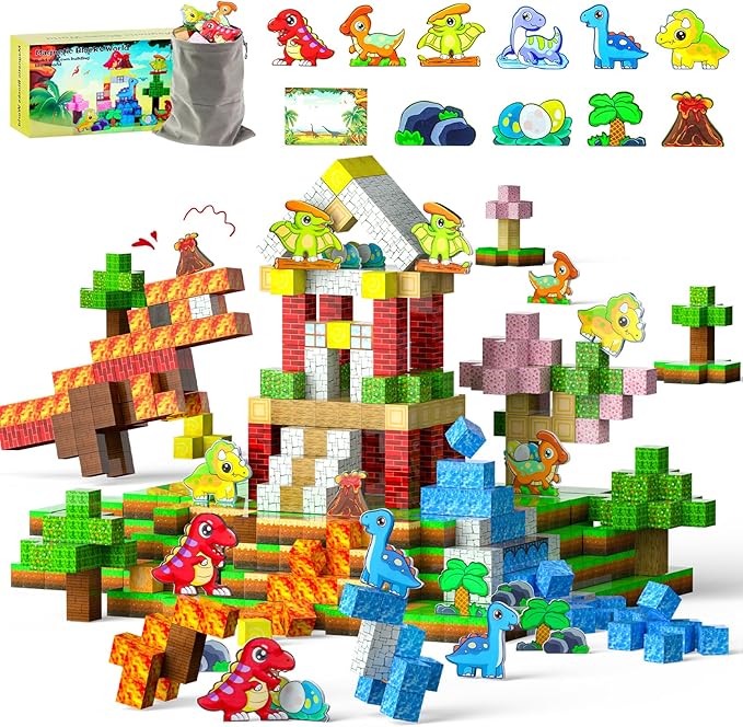 110PCS Dinosaur Toys Magnetic Cubes for Kids, Magnetic Building Blocks for Kids Ages 4-8 8-12, Magnet Blocks Classroom Must Haves Sensory Construction Toys for Boys Girls Gifts