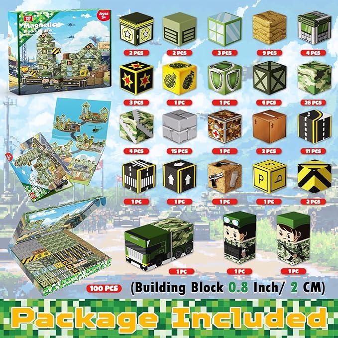 100PCS Magnetic Blocks - STEM Magnetic Building Blocks for Kids Military Construction Cube Toys Games, Educational Sensory Stacking Magnets Cube Toys for Kids Birthday Gifts Boys & Girls