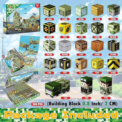 100PCS Magnetic Blocks - STEM Magnetic Building Blocks for Kids Military Construction Cube Toys Games, Educational Sensory Stacking Magnets Cube Toys for Kids Birthday Gifts Boys & Girls