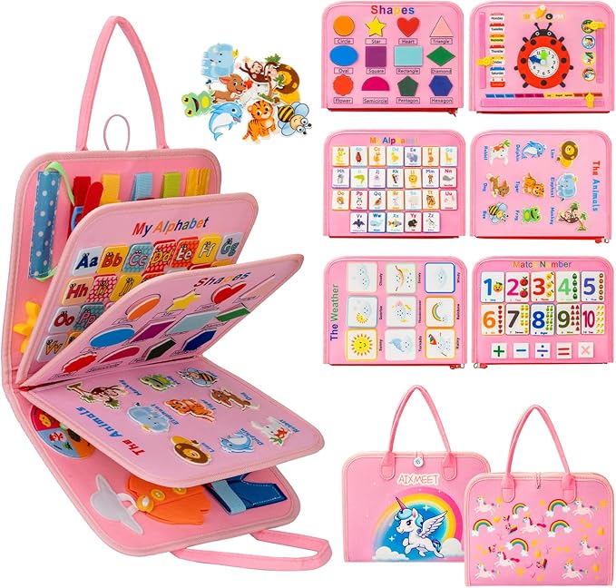 AIXMEET Toddler Busy Board Montessori Toys, Sensory Board Busy Book, Toys for Toddlers 3456 Year Old, Preschool Learning Activities with Life, Shape,Color,Animal,Weather,8 Pages (Pink)