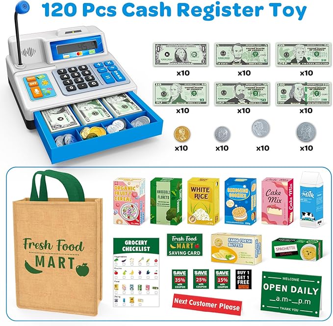 Calculator Cash Register Toy Gift for Kids Age 3, 4, 5, 6, 7, 8+ Year Old, 120 Pcs Grocery Store Playset with Toy Cash, Grocery BoxesCredit Card, Microphone, Grey Play Cash Register for Toddlers 4-8