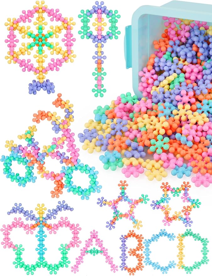 200PCS Interlocking Snowflake Building Block Toy for Kids Ages 3+, Plastic Early Learning Creativity Educational STEM Toy with Carrying Case Safe Material (Macaron Colors)