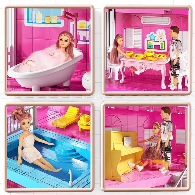 Pink Villa Playset for Girls Ages 3-7, 4-Story 10-Room House with 2 Dolls, Furniture & Accessories, Pretend Play Toddler Toy, Birthday Gifts for Kids 3-8