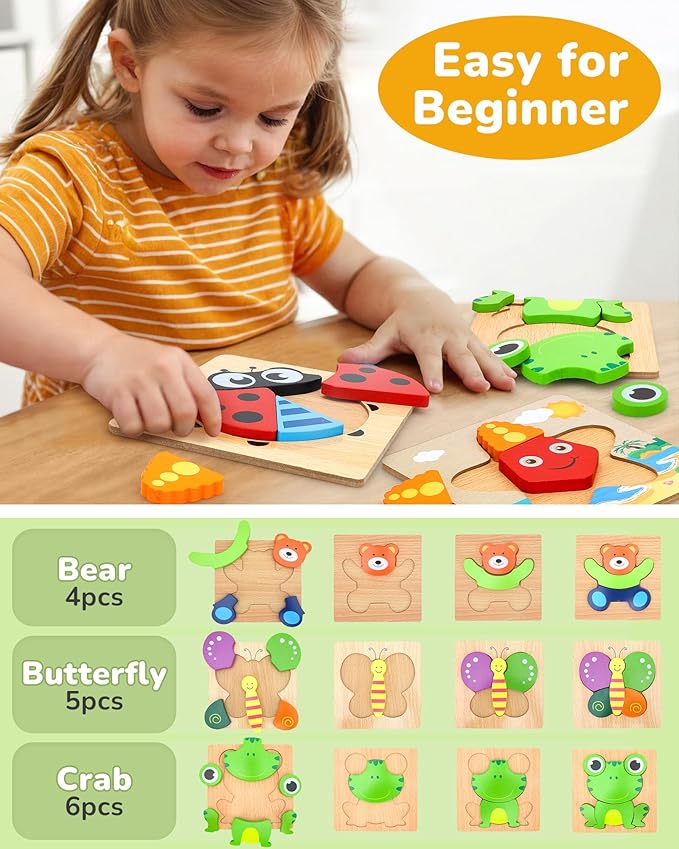 TOY Life Wooden Puzzles for Toddlers 2-4, 8 Pack Animal Puzzles for Kids Toddler 1-3, Montessori Toys for 1 2 3 Year Old, Educational Toys for Boys Girls Age 2 3 4 5, Baby Learning Toy Gifts