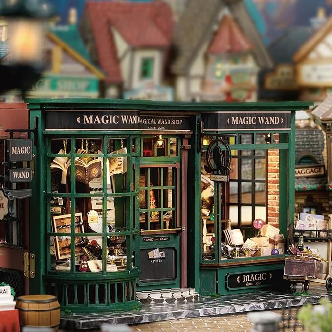 TuKIIE DIY Miniature Dollhouse Kit with Furniture, 1:24 Scale Creative Room Opened & Closed Movie Inspired Wooden Doll House Plus Dust Proof for Kids Teens Adults(Magical Wand Shop)