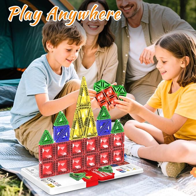 Mini Magnetic Tiles for Kids Ages 3-8, Travel Magnetic Building Blocks with Metal Storage Box, STEM Educational Toys, Montessori Sensory Learning Toys for Toddlers, Boys & Girls Gift