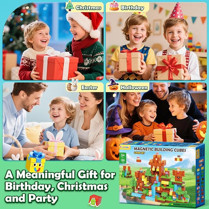 150 PCS Magnetic Blocks: Magnet Toys for Kids Ages 3+, STEM Sensory Building Cubes for Toddlers, Magnetic Tiles for 3-12 Boys & Girls Years Old, Stacking Game Toy for Travel Birthday Gifts