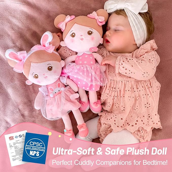 OUOZZZ 13" Soft Baby Doll Toys for 1 + Year Old Girl Gifts, Birthday Gifts for 1 Year Old Girl Christmas Plush Toys Gift for Toddler Kids Pink Dress