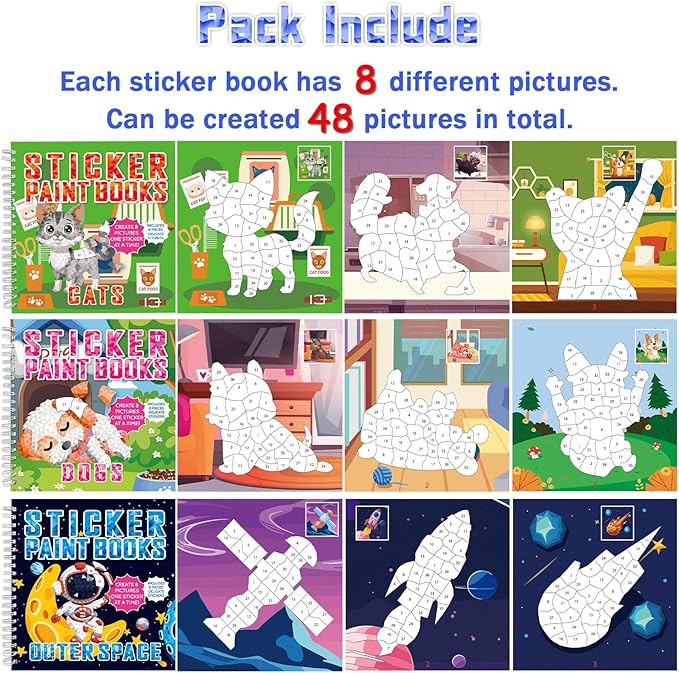 gisgfim 6 Pcs Paint by Sticker Books Sticker by Number Books Activity Book Sticker Puzzle Book Craft Art Gift with Mermaid Truck Outer Space Cat 48 Pictures Sticker by Number Book Set Party Favors