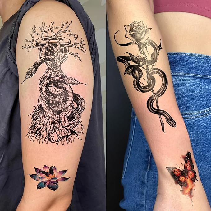 77 Sheets Temporary Tattoo for Women Men, 17 Sheets Half Arm Snake Skull Butterfly Fake Tattoos, 60 Sheets Cat Feater Wings Tiny for Adult Kids Party Body Tattoos Stickers Realistic Long Lasting