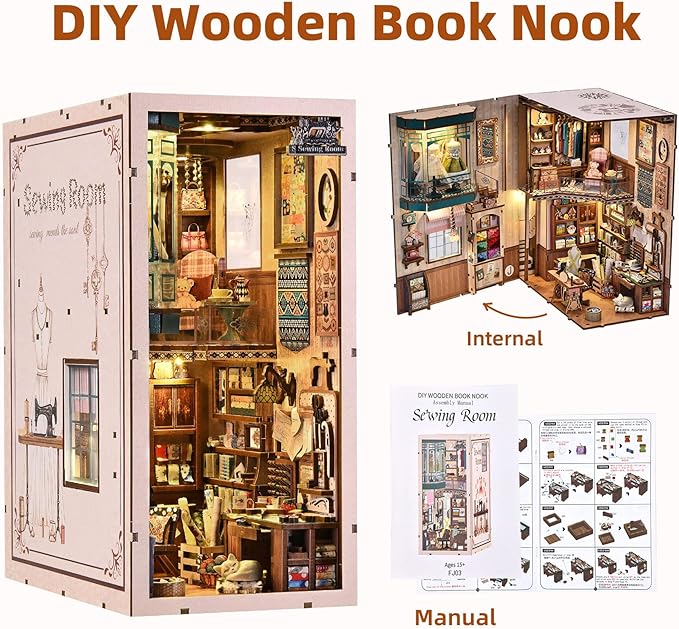 Book Nook Kit - DIY Miniature House Dollhouse Kit for Adults and Teens, Booknook Tiny House Bookshelf Decor 3D Wooden Puzzle, Gifts for Family Friends (Sewing Room)