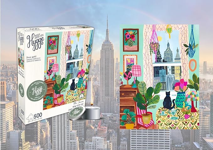 500 Piece Puzzle for Adults Hygge Collection Cat in Window Rhi James Blueboard Jigsaw and Candle by KI Puzzles