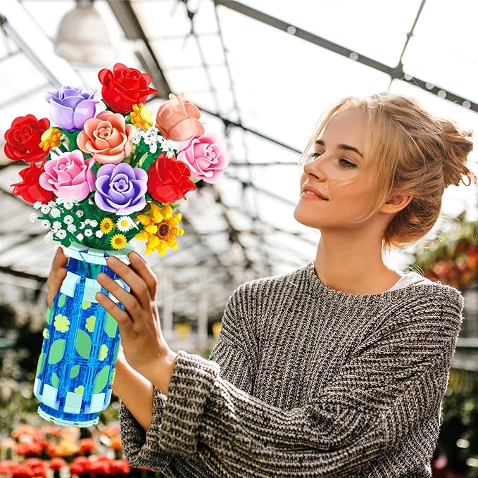 Roses Flowers Building Set with Vase & LED Light, Mother's Day 16 Mini Flowers Bouquet Botanical Building Blocks Toy, Birthday Gifts for Adults, Artificial Flowers for Home Decor & Display