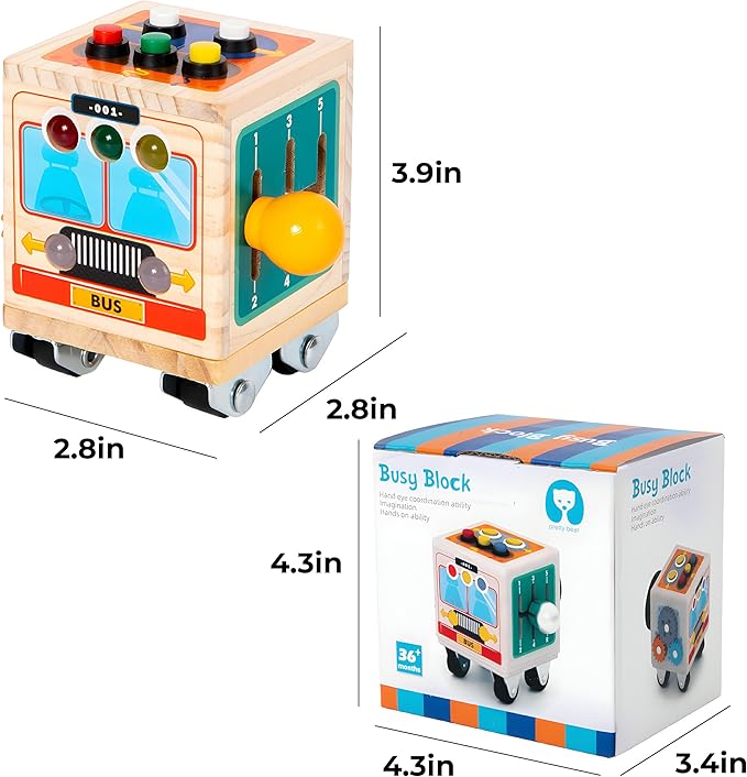 Wooden Activity Cube for Baby,Bus Busy Cube Montessori Travel Toys for Toddler 1 Year Old