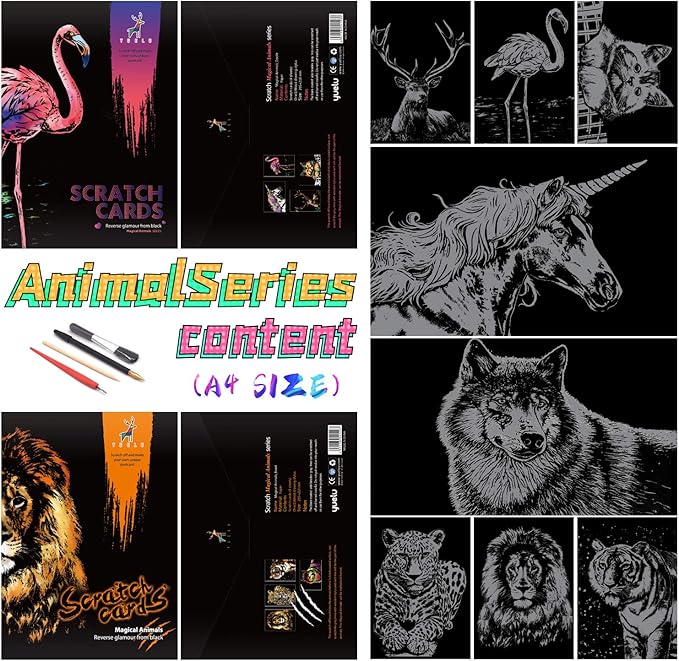 Scratch Rainbow Painting Art Paper Scratch & Sketch Art for Adults Scratch Painting Creative Gift Engraving Art&Craft Set Sketch Pad DIY Scratchboard with 4 Tools 11.7''x8.3''(Animal Series)