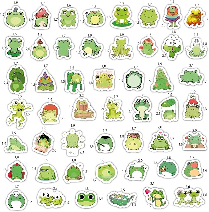 BulbaCraft Kawaii Frogs Stickers Set, 50 Pcs Green & White Vinyl Decals for Kids, Waterproof, Scratch Resistant, Indoor Usage, Single Use, Water Bottle, Laptop, Scrapbook, Journal, Frog Theme