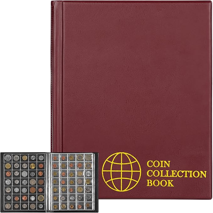 350 Pockets Coin Albums - 35x30 mm/1.3x1.1 inch Pocket Red Coin Book 10 Pages Coin Collection Holder Letter Size Coin Storage Book CS0235RE