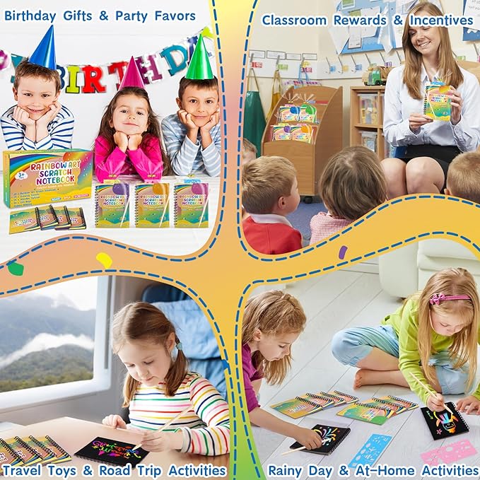 YSCare Scratch Arts Party Favors for Kids: 24 Pack Rainbow Art Scratch Notebook, Art Craft Kit Goodie Bags Stuffers, Birthday Gift Bulk Return Gifts Classroom Prizes for Girls Boy 4-8-12