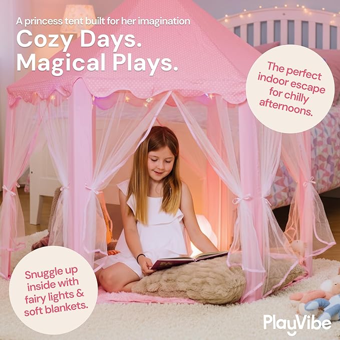 PLAYVIBE Princess Tent - 55 x 53 in, Toddler - Starry LED Lights Kids Tent - Cozy Indoor Playhouse - Portable & Easy Assembly Toddler Playhouse