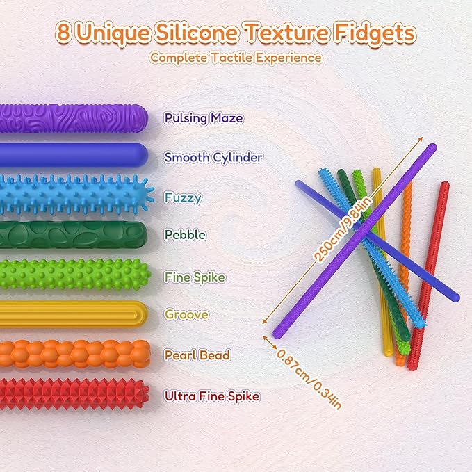 Sensory Sticks Fidget Toy for Kids Adult,8Pcs Bendable Textured Flexible Fidget Stick for Anxiety Autistic ADHD,Calm Down Travel Essentials Toys, Quiet Fidgets for Classroom Must Have