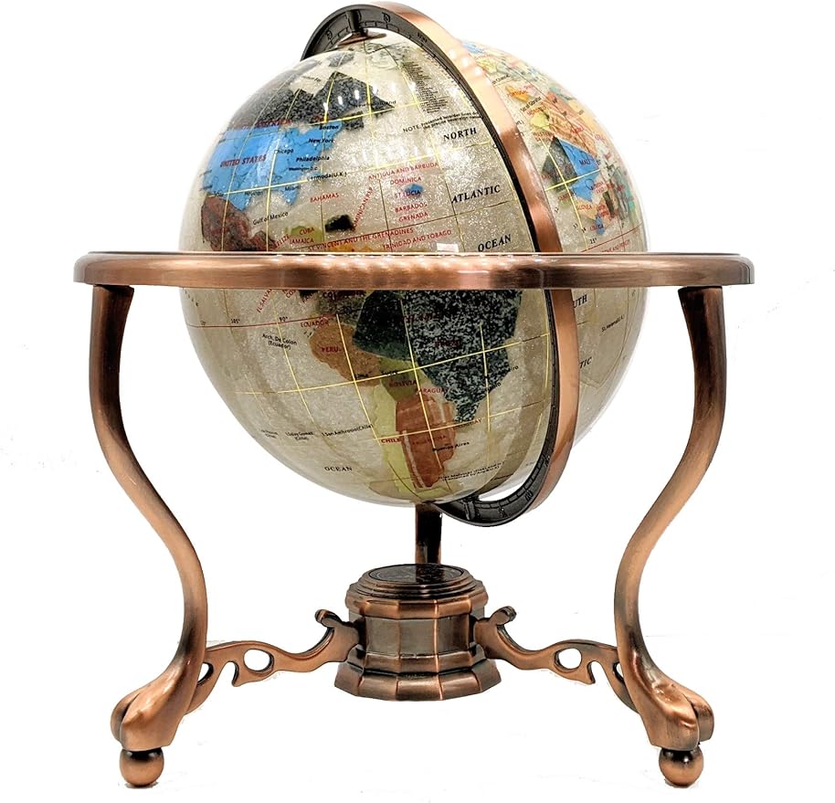 Limited Edition! Unique Art Since 1996 Pearl Swirl Table Top Gemstone World Globe with Tripod Vintage Copper Zinc Alloy Stand (220MM/9 INCHES/PEARL OCEAN/COPPER)
