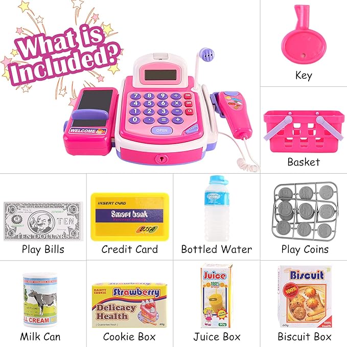 Pretend Play Pink Cash Register Toy - Learn & Play Shopping Kids Toys with Electronic Mic, Scanner, Calculator, Play Food, Fake Money and Basket