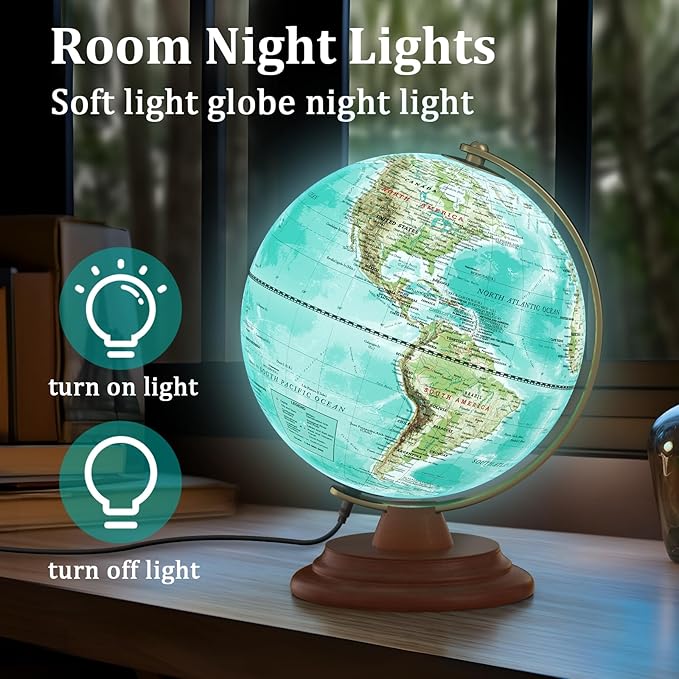 Illuminated Globe of the World with Wooden Stand, 8'' World Globe for Kids & Adults' Learning Built-in LED Night Light, Home Office Classroom Decor Geography Gifts(Elegant Turquoise)