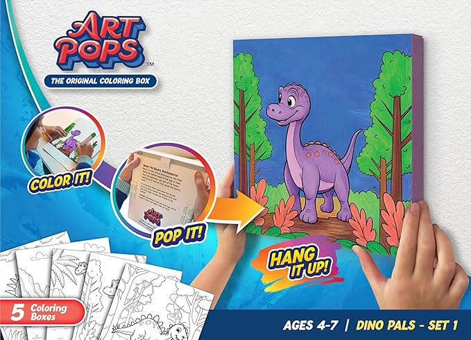 ArtPops Coloring Boxes – Pop-Up Pre-Printed Coloring Box Set – DIY Wall Art Kit for Kids – Eco-Friendly, Easy to Hang, No Frame Needed – 5-Pack, Tiny Dinos