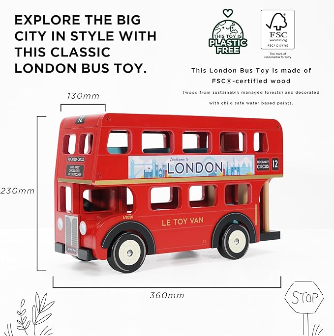 Le Toy Van - Cars & Construction - London Double Decker Bus - Wooden Bus - Role Play Toy - Suitable for Girls & Boys Age 3+, Red