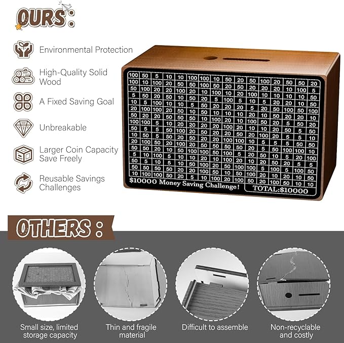 Wooden Money Saving Box, Cash Savings Box for $10000 $5000 $3000 $1000 $800 $500 Target Money Saving Challenge, Money Box with Counter/Dry Erase Pen/Savings Trackers/Rubber Band-Brown