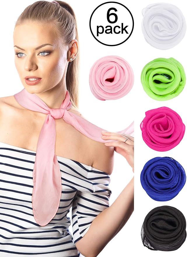 Boao 6 Pieces Chiffon Scarf 1950s Square Neck Head Scarfs Vintage Soft Polyester for Women Lady