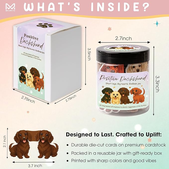 Positive Dachshund Jar – 60 Positive Affirmation Cards for Women, Mindfulness Cards, Stress Relief & Self Care Gifts for Women, Teen Girl, Birthday Gift for Her, Friendship Gift, Dachshund Gifts