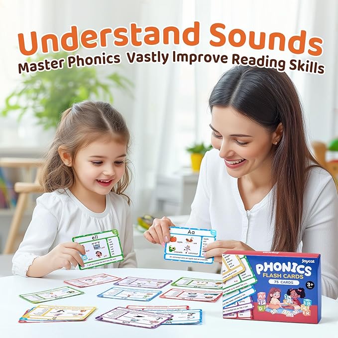 JoyCat 75 Pack Phonics Flash Cards-Learn to Read Alphabet and CVC Words in 25 Stages-Games for Kids Ages 3-8 Preschool Kindergarten 1st 2nd Grade Homeschool Educational Learning Activities