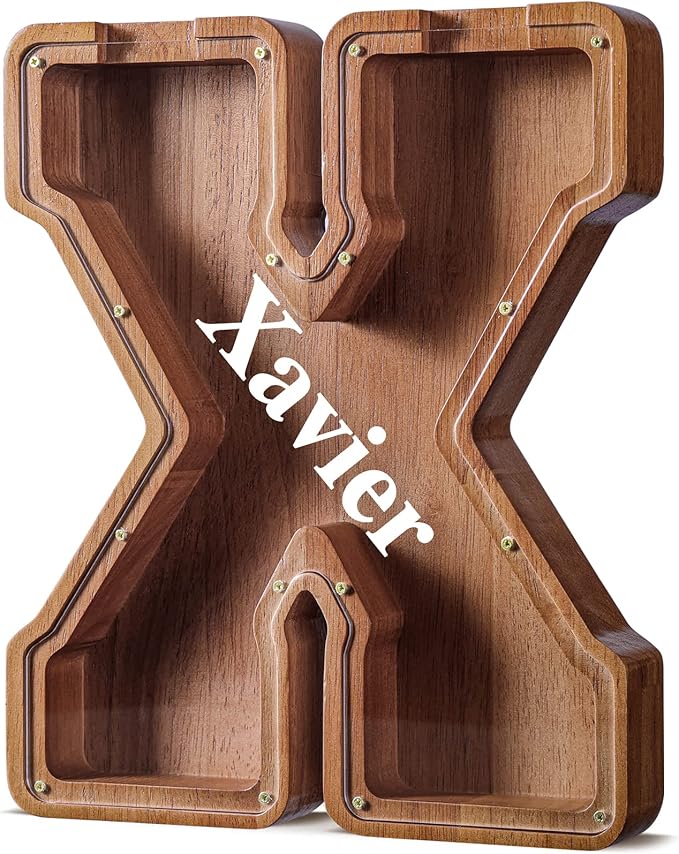 Summidate Customized Name Extra Large Wooden Piggy Bank for Kids Boys Girls Alphabets Letter A-Z Coins Bills Money Change Saving Box Clear Cover (Laser Engraved) Educational Toys 12"- Letter X