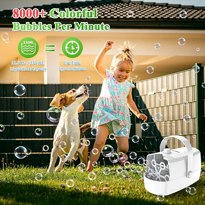 Bubble Machine, 3-in-1 Bubble Maker, Automatic Bubble Blower with 3 Bubble Wands, 8000+ Colorful Bubbles for Kids Toddlers, Operated by Plug-in or Batteries for Indoor Outdoor Birthday Party