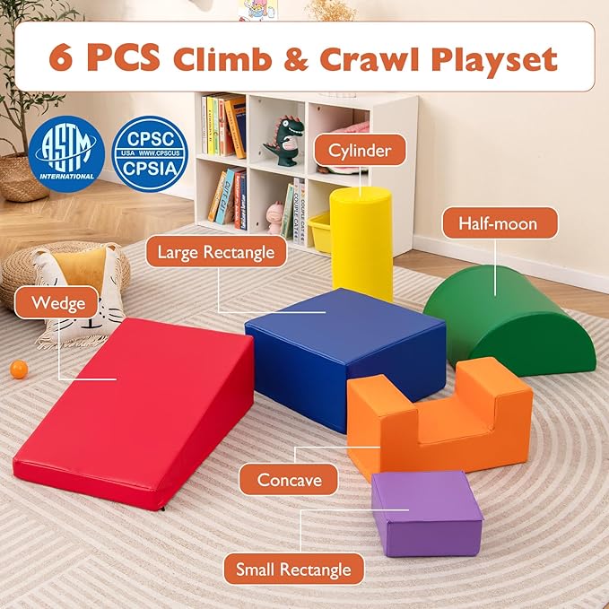 Costzon Toddler Climbing Toys, 6 Pieces Climb and Crawl Playset with PU Cover for Baby Crawling, Climbing & Walking, Indoor Foam Climbing Blocks for Toddlers (Rainbow)