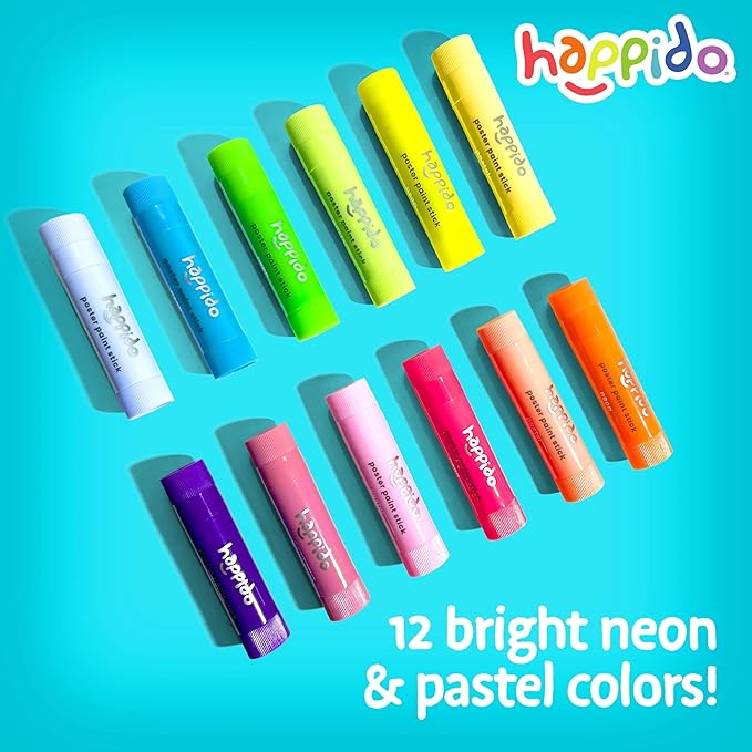 Happido Set of 12 Twistable Tempera Paint Sticks For Kids, Quick Drying, No Mess Art Supplies for Toddlers and Kids Ages 4-6 - NEON & PASTEL COLORS